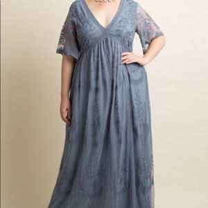 Blue Lace Mesh Overlay Plus Maxi Dress